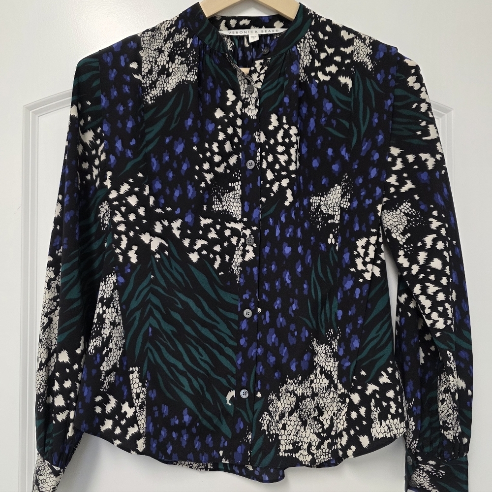 Veronica Beard Buckley Floral Silk Blouse Green Black Size 00 Loose Fit Preppy - Picture 11 of 13
